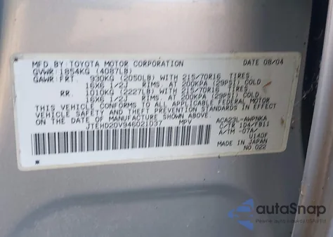 2004 Toyota Rav4 from USA, damaged, VIN JTEHD20V946021037